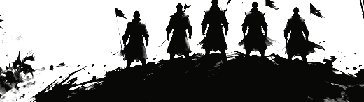 五位披甲战士立于水墨山崖之上